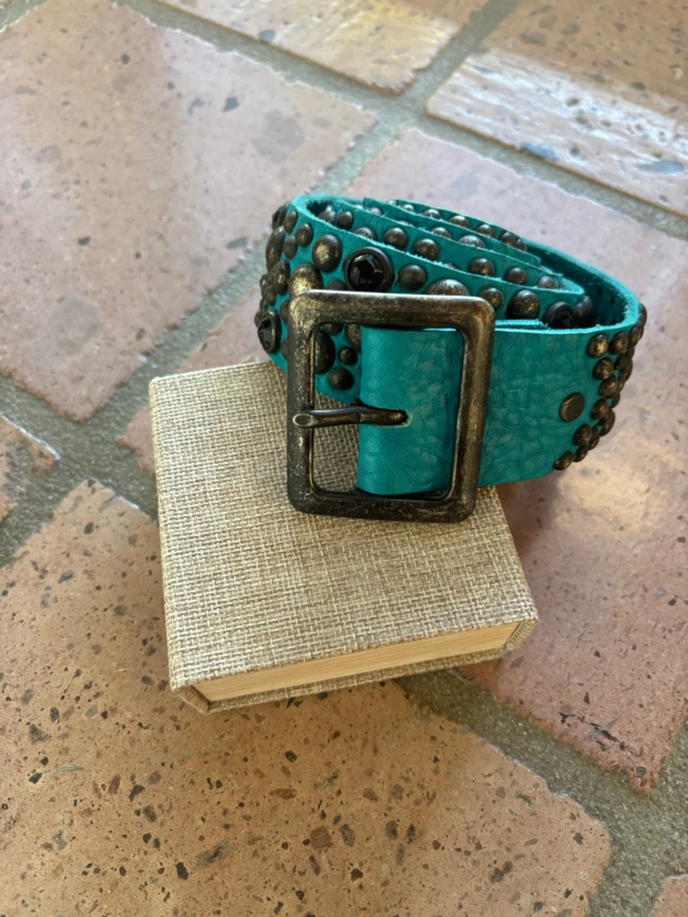 Studded Blue Leather Belt. Vintage - Picture 2 of 5